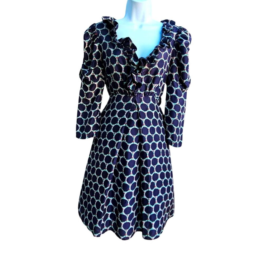 Tsumori Chisato Silk Ruffle Dress Navy Dot Print Size M Fits S Long Sleeve